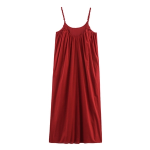 Robe d'été rouge en coton et lin pour femme avec bretelles tressées et coupe trapèze