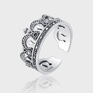 Vintage Crown Open Ring 925 Sterling Silver Distressed Retro Adjustable Finger Jewelry For Women With Black Zircon