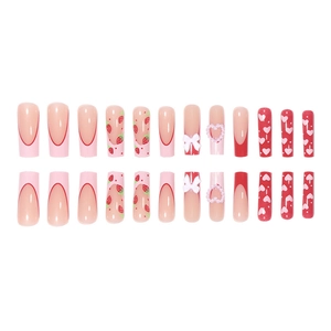 Pink French nails with 3D white bows, strawberries, and pearl heart charms, 24-piece set