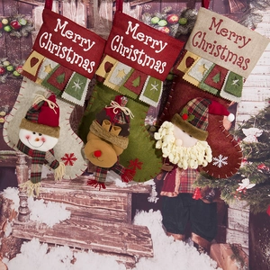 Stereoscopic Cartoon Christmas Stocking Santa Snowman Reindeer Pattern Linen Fabric Gift Bag Hanging Home Holiday Decor