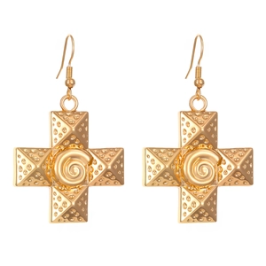 Golden snail spiral texture cross earrings for women with detailed 3D dotted metal finish