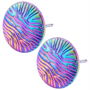 Macro shot of 304 stainless steel round earrings with rainbow plating and relief texture