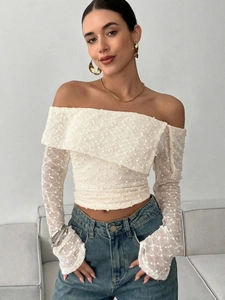 Women Off The Shoulder T-Shirt Flare Long Sleeve Slim Fit Crop Top 3D Textured Fabric Elegant Sexy Solid Color Top