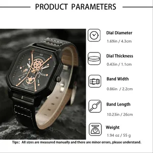 Detailed size chart for square dial men's watch with leather strap and product dimensions