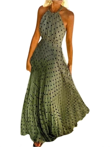 Fashionable dark green polka dot pleated sleeveless halter maxi dress for women