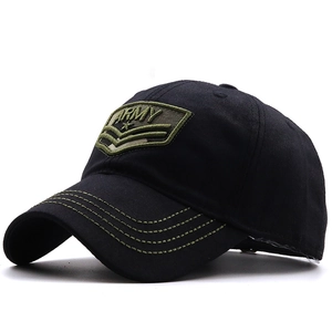 Army style black cotton baseball cap with green embroidered ARMY patch and five-point star