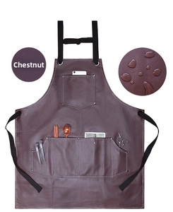 Vista dettagliata del grembiule in PU castagna impermeabile con tasche porta attrezzi