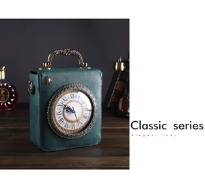 Close-up of vintage green leather clock handbag with metal handle on retro desk