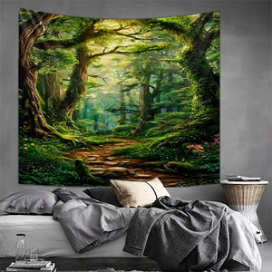 Detail of enchanted forest tapestry on bedroom wall with sunlight through trees