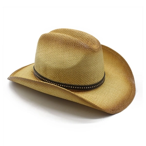 Classic woven straw cowboy hat in natural tone with vintage brown shading and rivet band