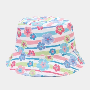 Detailed close-up of a double-sided bucket hat with floral pattern and stripes print