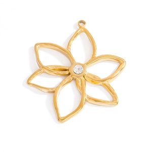 Elegant gold hollow flower pendant with central sparkling crystal for DIY necklaces