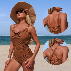 Brown cowl neck one-piece swimsuit with ruched waist and gold shoulder ring details