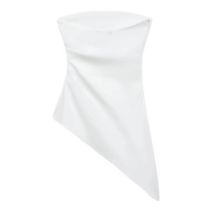 Detail of white asymmetric bandeau top showing ruched fabric and invisible zipper