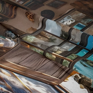 Close-up of bohemian landscape print fabric with elegant folds and silky texture