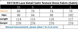 Detailed size chart for lace satin midi dress featuring waist and hip measurements
