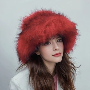 Detailed close-up of a luxury red long faux fur hat featuring thick punk style texture