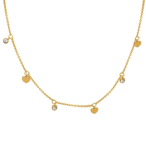 Gold-plated titanium steel necklace with alternating heart charms and zircon pendants