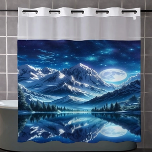 Detail of double-layer digital print shower curtain with snow mountain night and forest