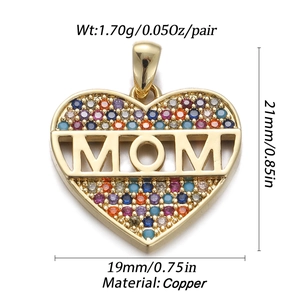 Detailed size and weight specs for gold heart pendant with MOM text and colorful stones