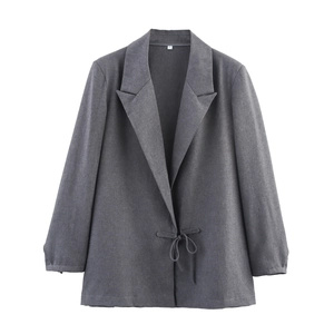 Women Blazer Jacket Grey Long Sleeve Lace Up Tie Front Lapel Collar Polyester Commuter Elegant Office Lady Casual Coat