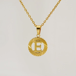 Round 18K gold-plated stainless steel letter E pendant necklace with sunburst texture