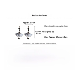 Detailed view of ink painting fan earrings with size 6.7cm x 3.9cm and alloy material