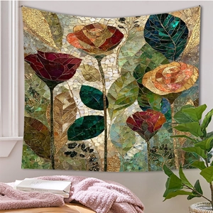 Detailed close-up of mosaic rose tapestry hanging on a wall for artistic room decoration