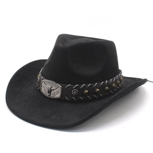 Retro black western cowboy hat with silver bull head buckle and star studs on suede fabric
