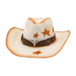 Cappello da cowboy in paglia con stelle marroni e stemma a testa di toro d'argento