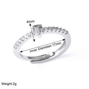 Detail view of adjustable silver T-ring with diamonds and dimensions 17mm diameter
