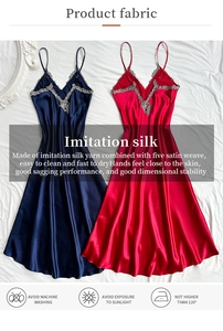 Detail of silk-like satin nightgown fabric showing lace trim and washing instructions