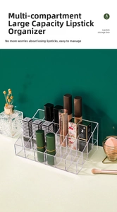 Close-up of clear acrylic lipstick organizer with multi-tier compartments and smooth edges