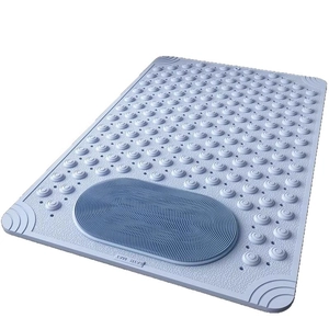 Non-slip light blue silicone bath mat with soft cleaning bristles and suction cups