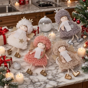 Plush Christmas angel dolls with sequin wings and wool scarves for festive home decoration