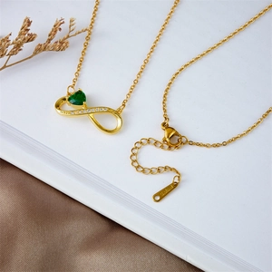 Infinity gold necklace with green heart gem and crystal paving on stainless steel chain