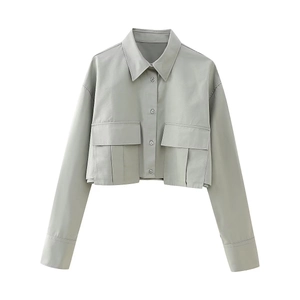 Short grey long-sleeve crop shirt with double chest pockets and lapel collar for women
