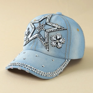 Denim baseball cap for women with crystal star embroidery and sparkling floral rhinestones
