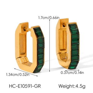 Detailed dimensions of gold rectangular earrings with green cubic zirconia stone