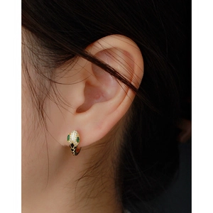 S925 silver snake-shaped hoop earrings with green gem eyes and white crystal inlay