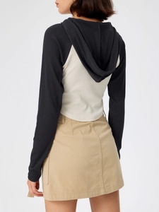 Slim fit hooded T-shirt with contrast stitching and khaki mini skirt back view