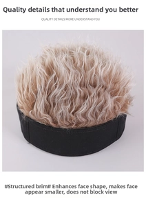 Detailed view of hip-hop docker hat featuring fluffy light gold curly synthetic wig hair