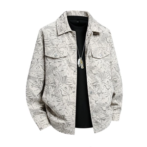 Men's Plus Size Casual Corduroy Jacket Fashion Hong Kong Style Lapel Leaf Printed Top For Spring Autumn Retro Outerwear