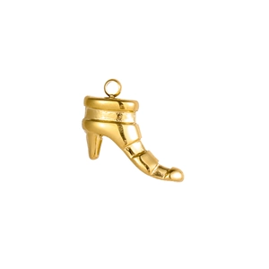 Detailed close-up of a golden high heel shoe pendant with metallic finish and top ring