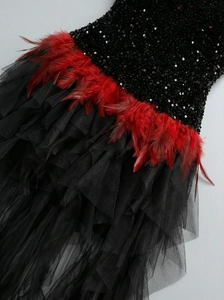 Detailed close-up of black sequins, red ostrich feathers, and layered mesh fabric