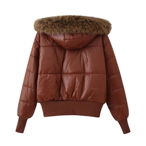 Rear view of glossy brown padded jacket featuring a fluffy faux fur trim and elastic hem