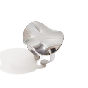Polished silver stainless steel open ring with irregular streamlined wave design