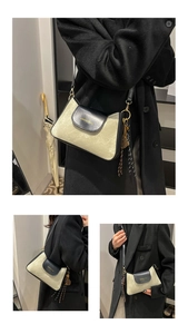 Detail of light green matte small square bag with black flap and braided cord ornament
