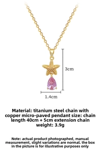 Detailed dimensions of the gold starfish necklace with a pink teardrop crystal pendant