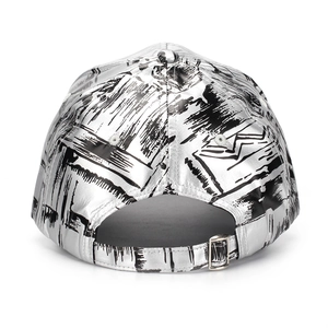 Rear view of silver PU baseball cap showing adjustable metal buckle and graffiti print